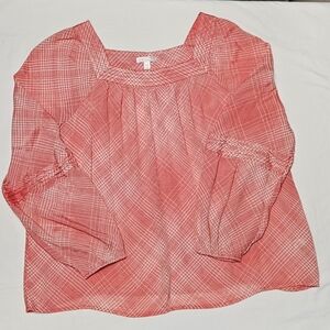 LC Lauren Conrad Peasant Style Coral Plaid Blouse. Size 2XL